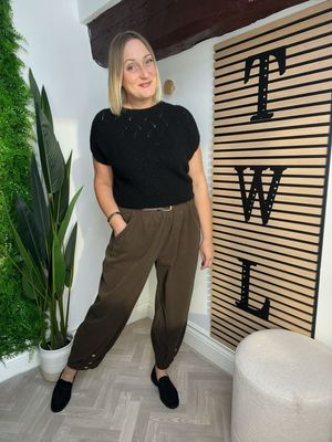 Pin Corduroy Barrel Leg Trouser Button Detail - Chocolate Pin Corduroy Barrel Leg Trouser Button Detail - Chocolate