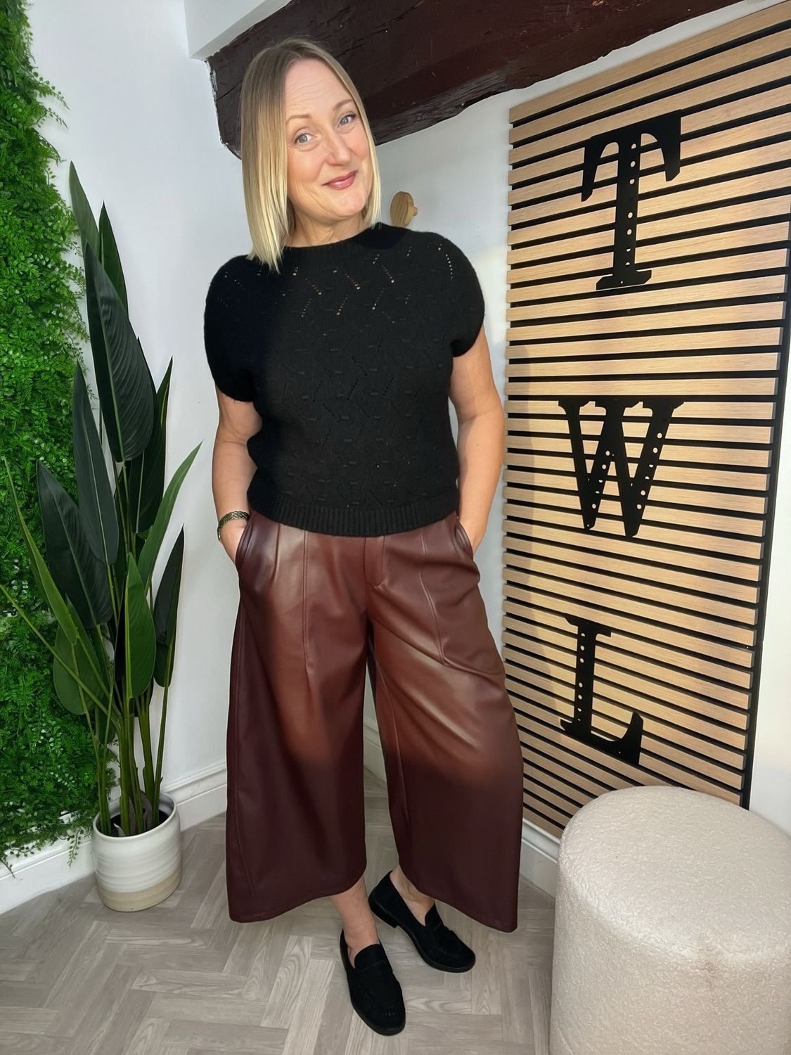 Wide Leg Faux Leather Trousers - Merlot Wide Leg Faux Leather Trousers - Merlot