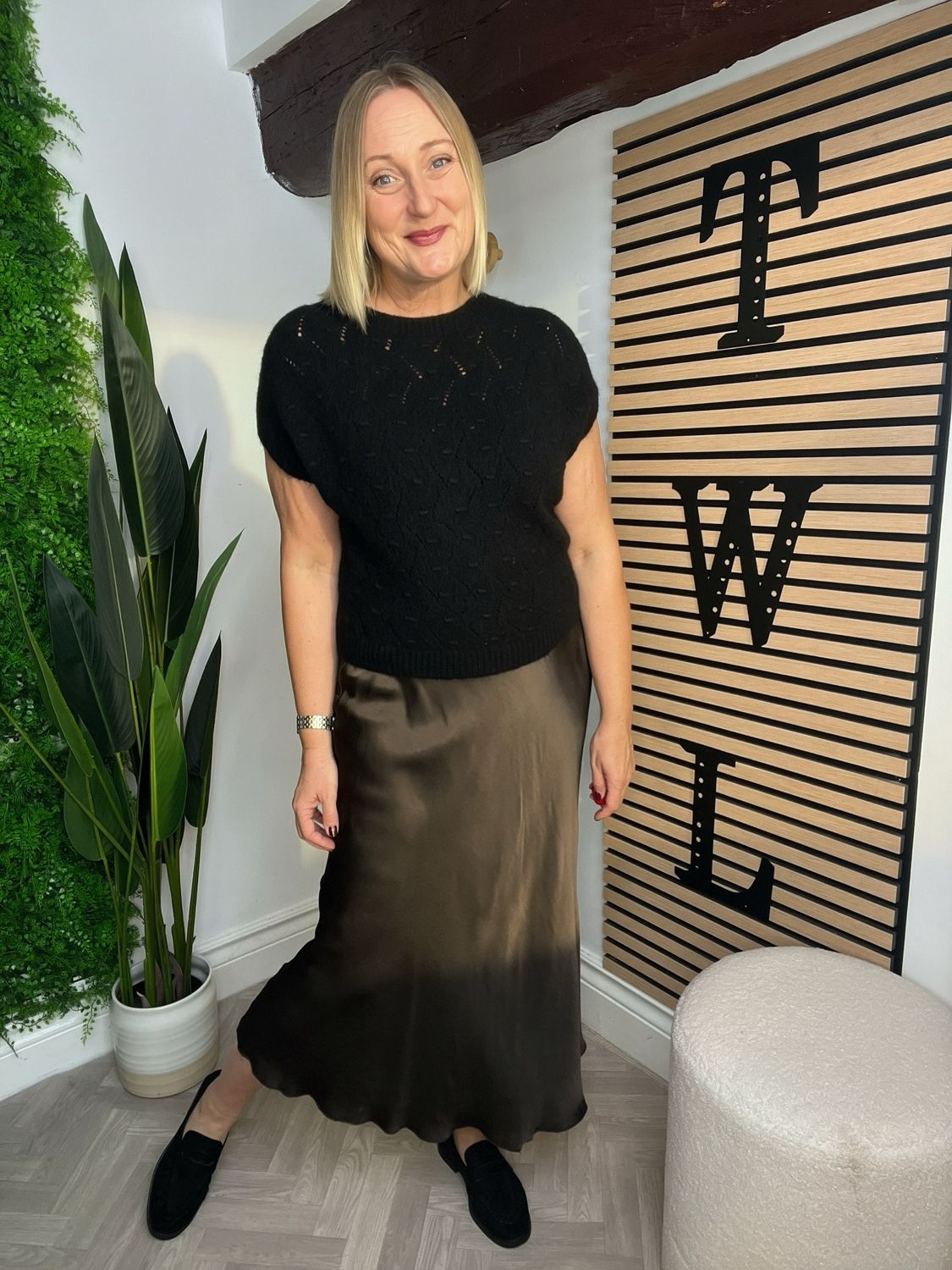 Bias Cut Full Length Skirt Satin Feel - Brown