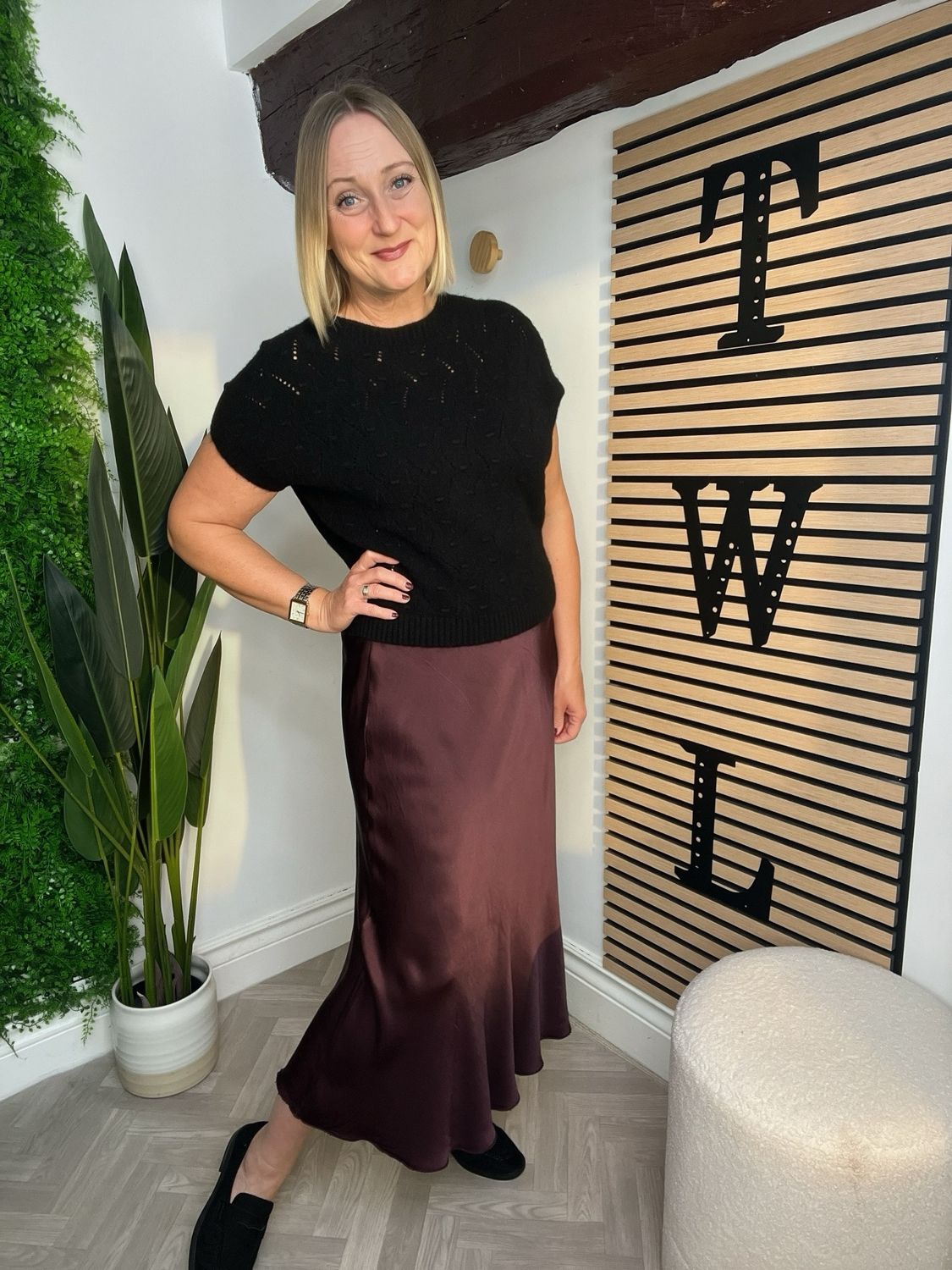 Bias Cut Full Length Skirt Satin Feel - Plum
