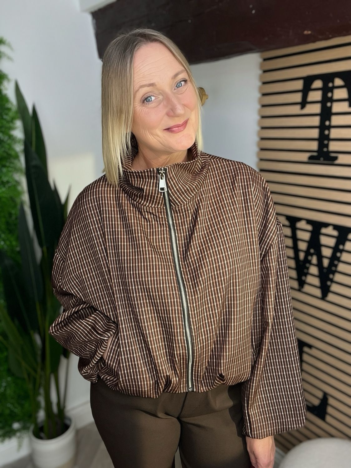 Funnel Neck Oversized Jacket - Brown