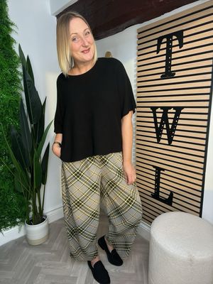 Pin Corduroy Wide Leg Trousers Tartan - Greige & Black