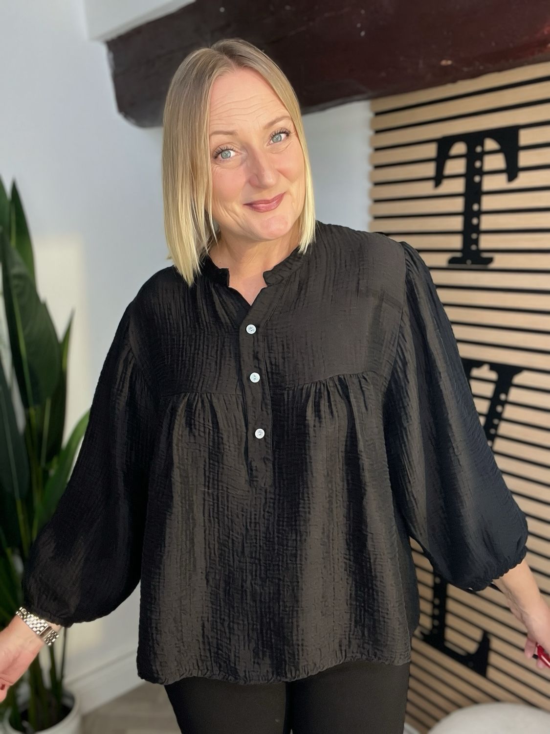 Soft Satin Waffle Blouse - Black