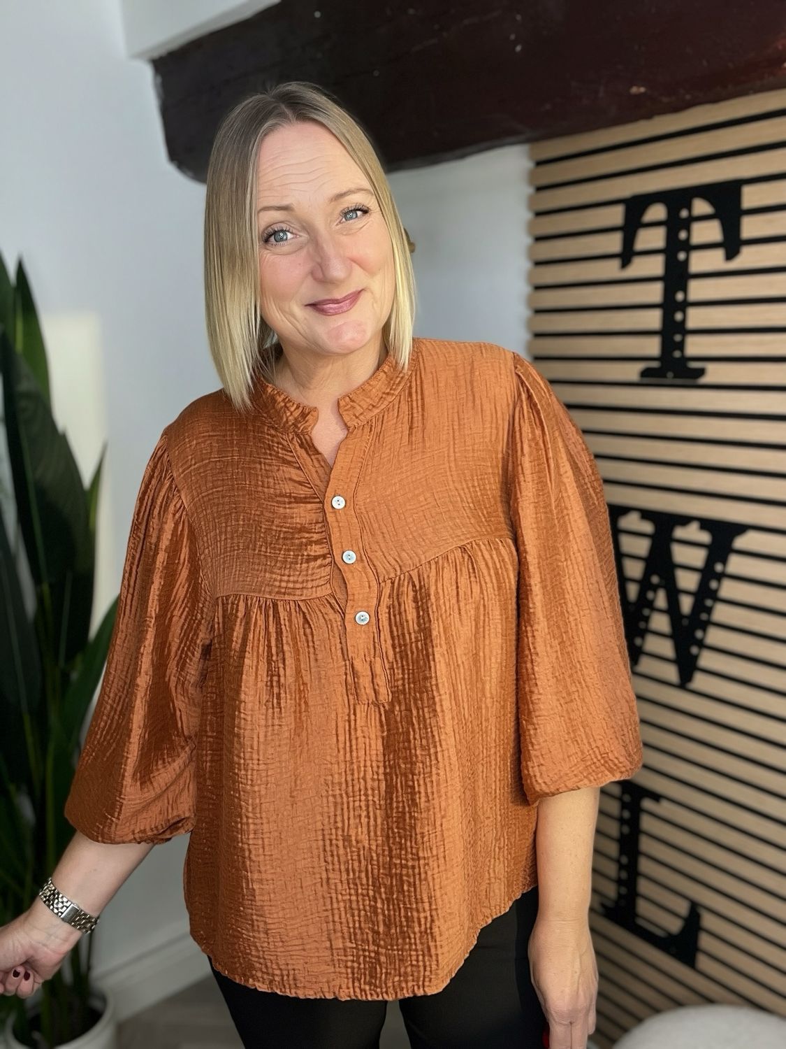 Soft Satin Waffle Blouse - Rust