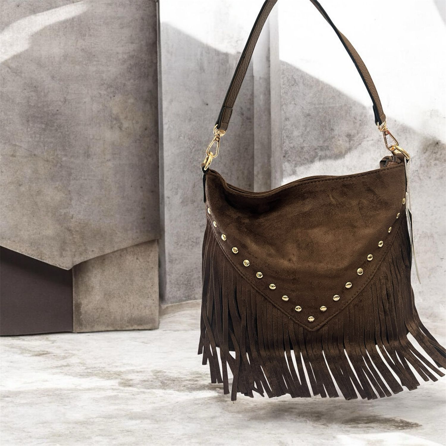Tassel & Stud Detail Shoulder Bag - Brown