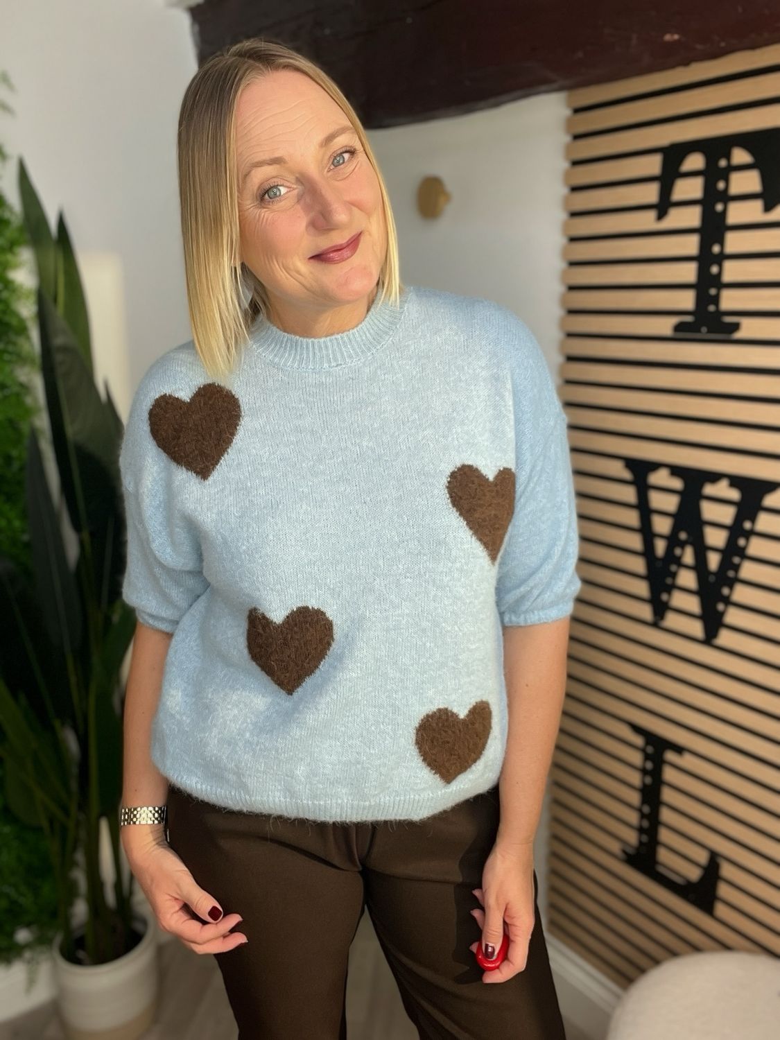 Short Sleeve Heart Jumper - Light Blue & Brown Short Sleeve Heart Jumper - Light Blue & Brown