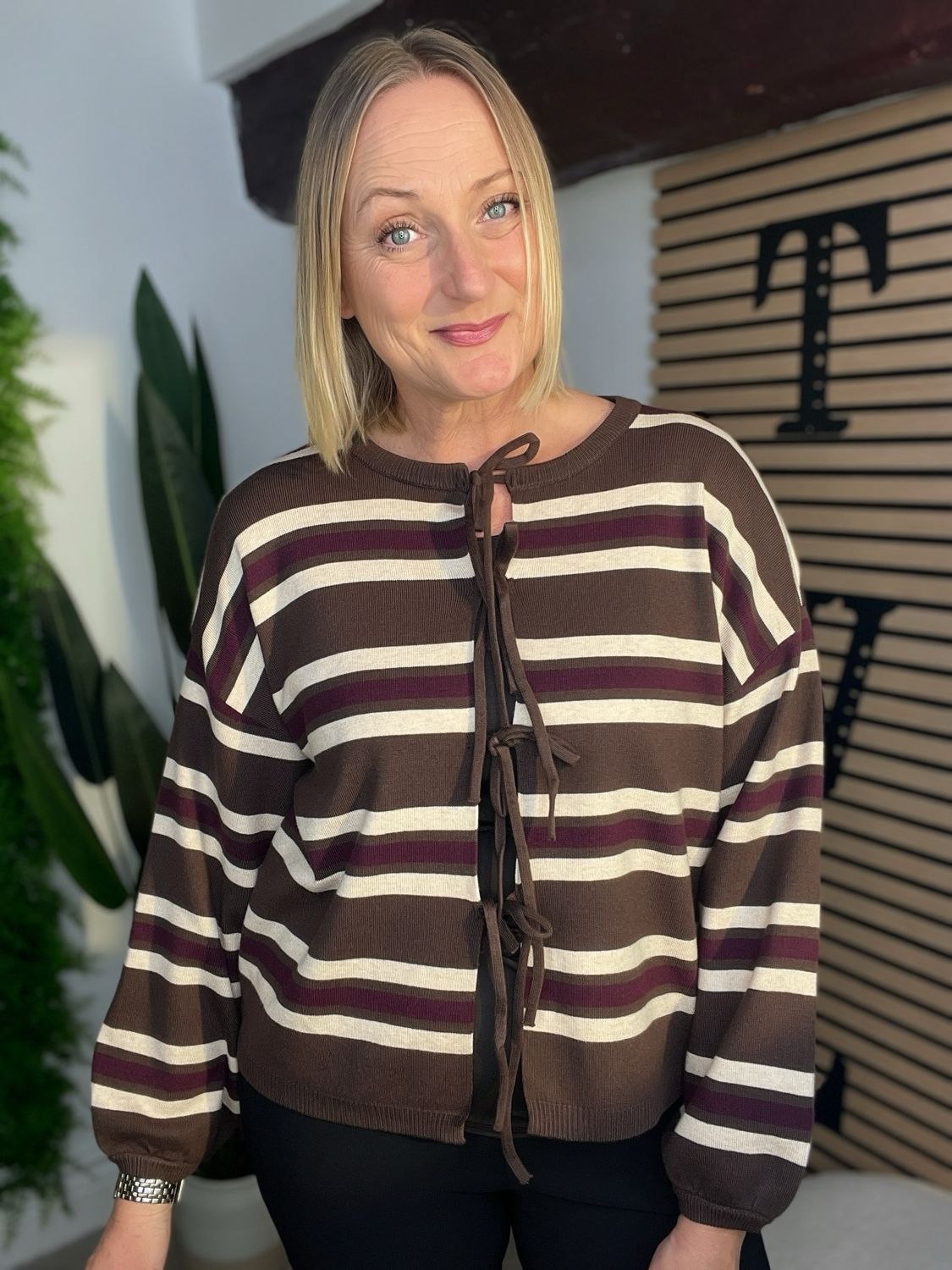 Tie Front Box Fit Cardigan - Merlot, Brown & Ecru