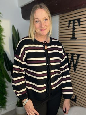Tie Front Box Fit Cardigan - Black, Merlot & Ecru