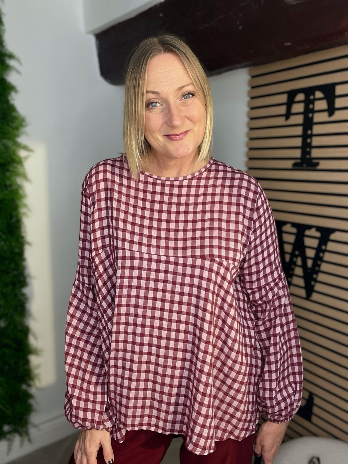 Gingham Smock Style Top - Claret & Rose Mix Gingham Smock Style Top - Claret & Rose Mix