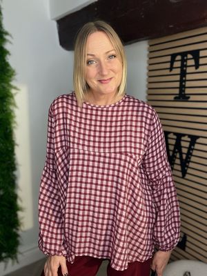 Gingham Smock Style Top - Claret & Rose Mix