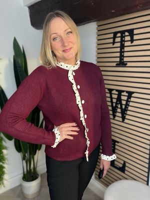 Polka Dot Frill Trim Cardigan - Merlot, Cream & Black Polka Dot Frill Trim Cardigan - Merlot, Cream & Black