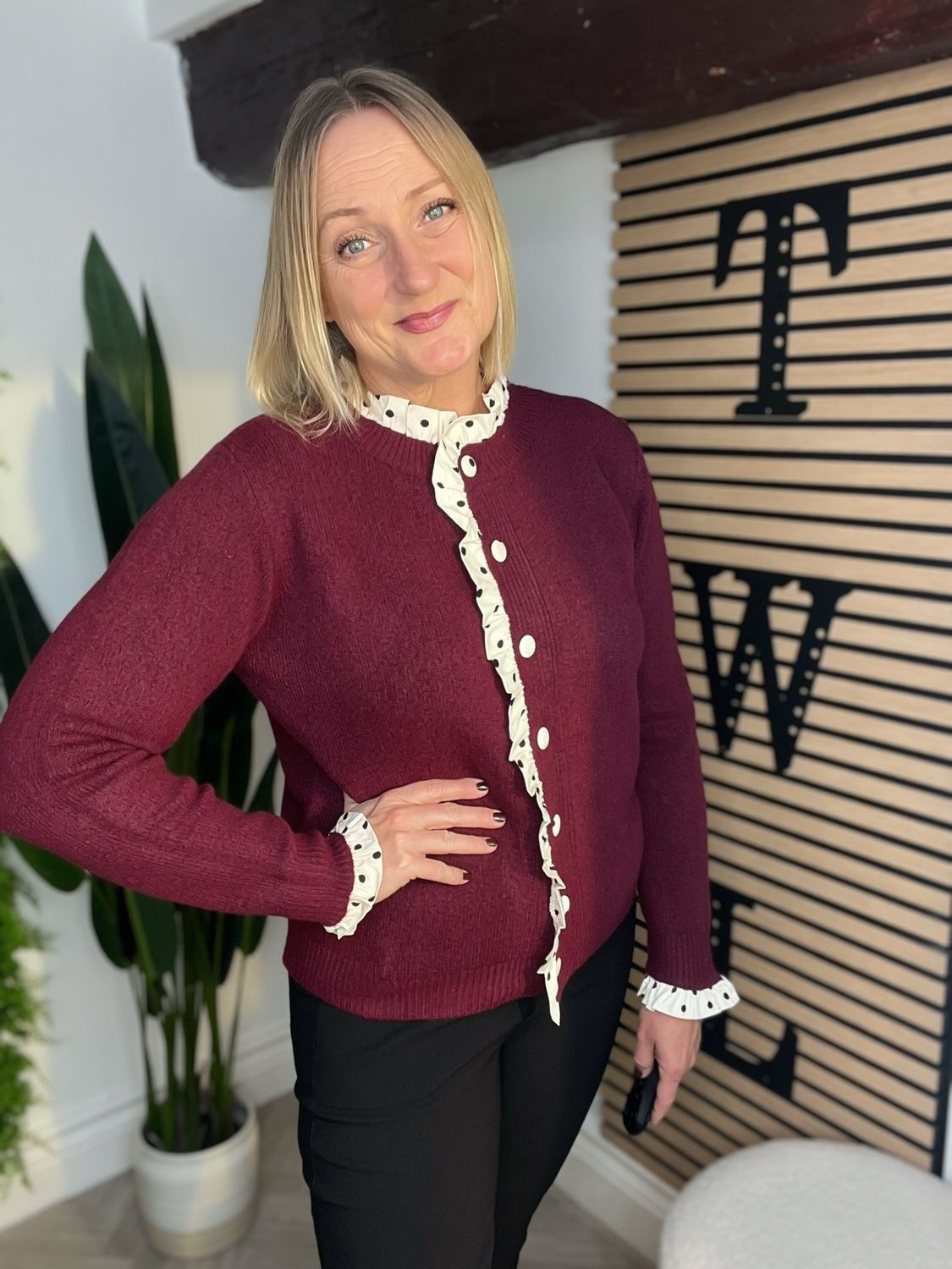 Polka Dot Frill Trim Cardigan - Merlot, Cream & Black Polka Dot Frill Trim Cardigan - Merlot, Cream & Black