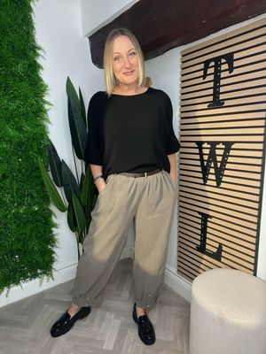 Pin Corduroy Barrel Leg Trouser Button Detail - Greige