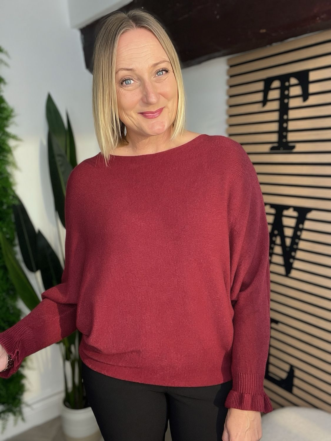 Battersea Jumper With Frill Sleeve - Merlot Battersea Jumper With Frill Sleeve - Merlot