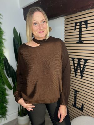 Cut Neckline Batwing Jumper - Brown