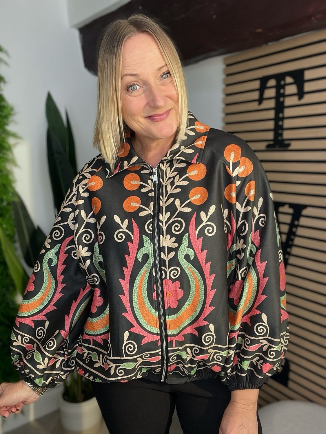 Blouson Style Jacket With Suzani Pattern - Black Multi Blouson Style Jacket With Suzani Pattern - Black Multi