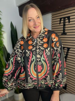 Blouson Style Jacket With Suzani Pattern - Black Multi Blouson Style Jacket With Suzani Pattern - Black Multi