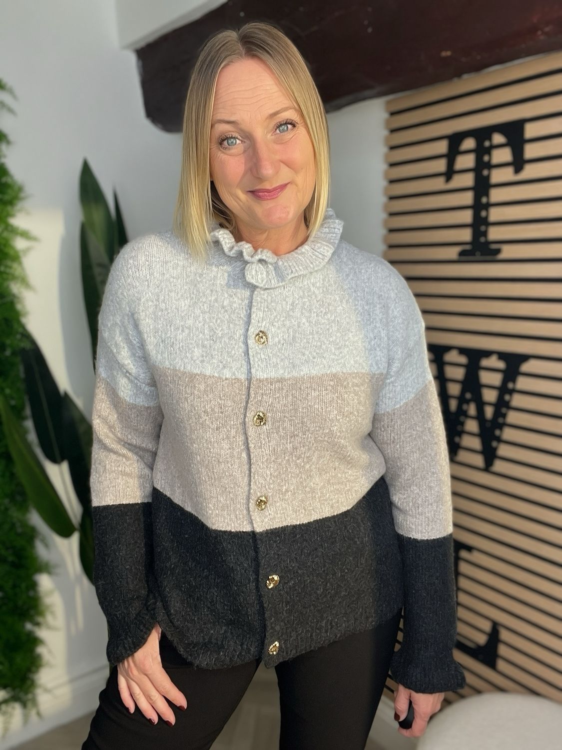 Block Coloured & Frill Detail Cardigan - Charcoal, Taupe And Silver Grey Block Coloured & Frill Detail Cardigan - Charcoal, Taupe And Silver Grey
