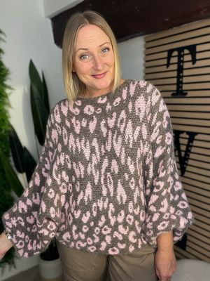 Lush Oversized Batwing Jumper - Animal Pink