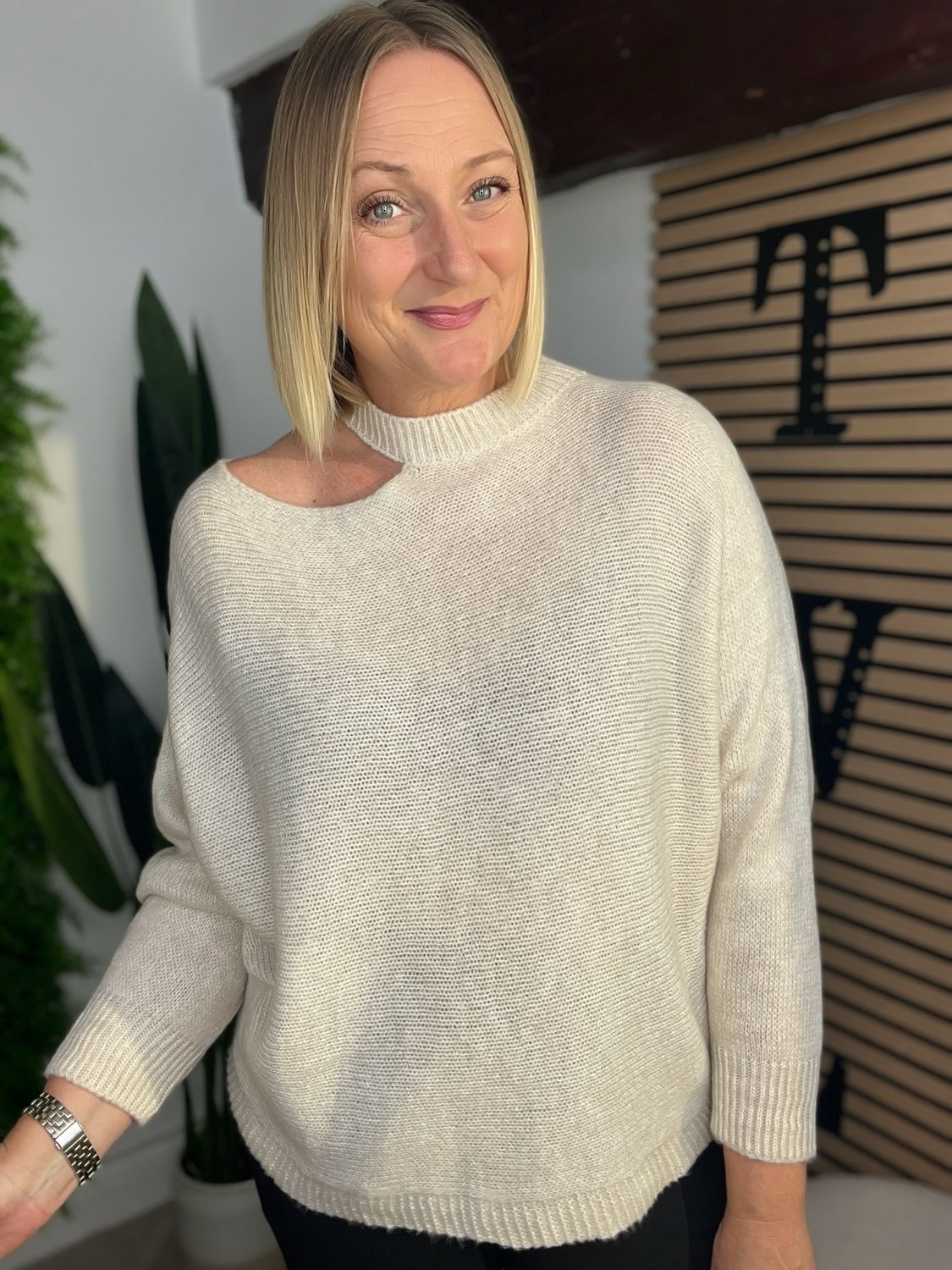 Cut Neckline Batwing Jumper - Cream