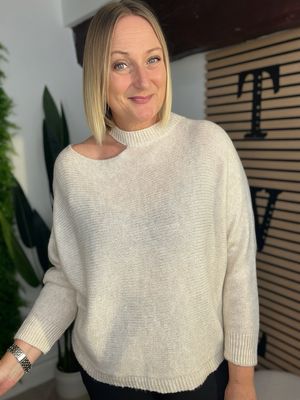 Cut Neckline Batwing Jumper - Cream