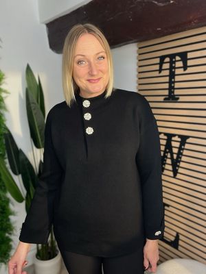 Diamanté Button Knitted Jumper - Black