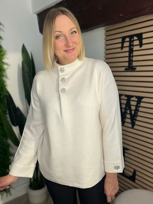 Diamanté Button Knitted Jumper - Cream