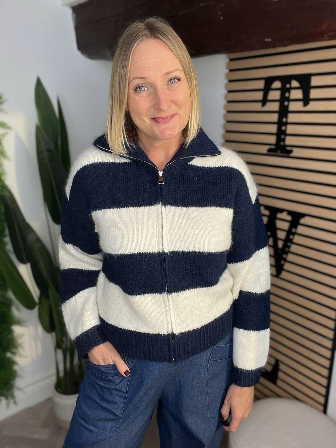Stripe Zip Knit Cardigan - Navy & Cream