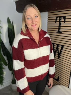 Stripe Zip Knit Cardigan - Wine & Cream Stripe Zip Knit Cardigan - Wine & Cream
