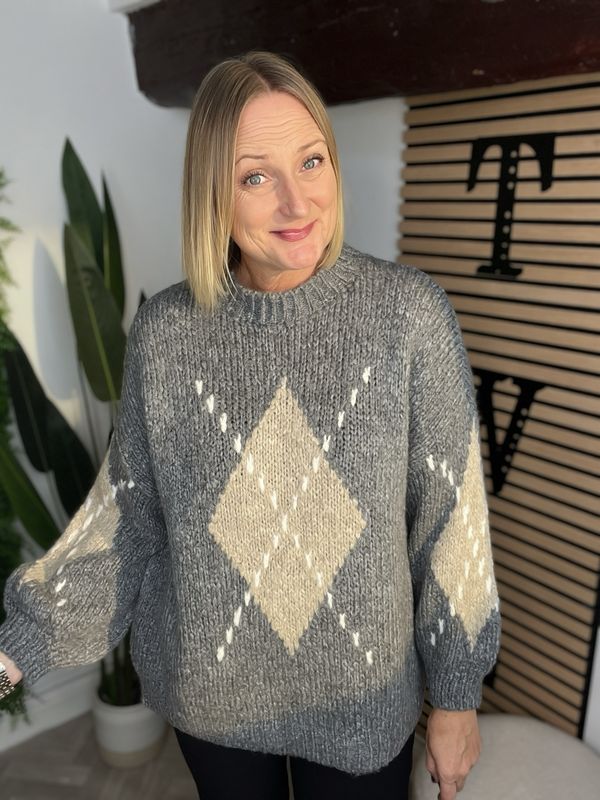 Argyle Soft Knit Jumper - Grey & Beige