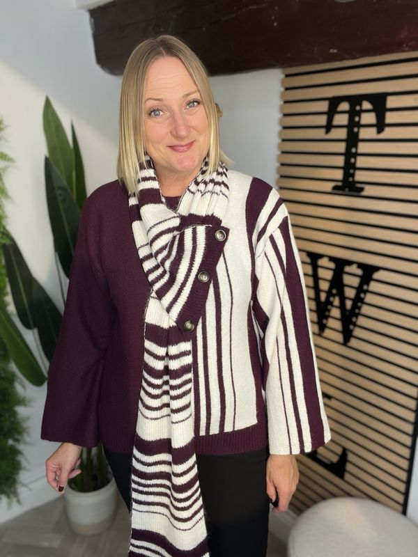 Jumper With Button & Scarf - Merlot & Cream