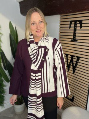 Jumper With Button & Scarf - Merlot & Cream Jumper With Button & Scarf - Merlot & Cream