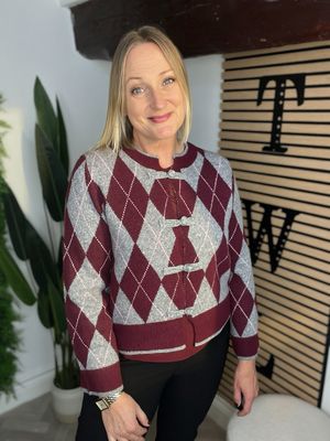 Argyle Loop Button Cardigan - Merlot & Grey Argyle Loop Button Cardigan - Merlot & Grey