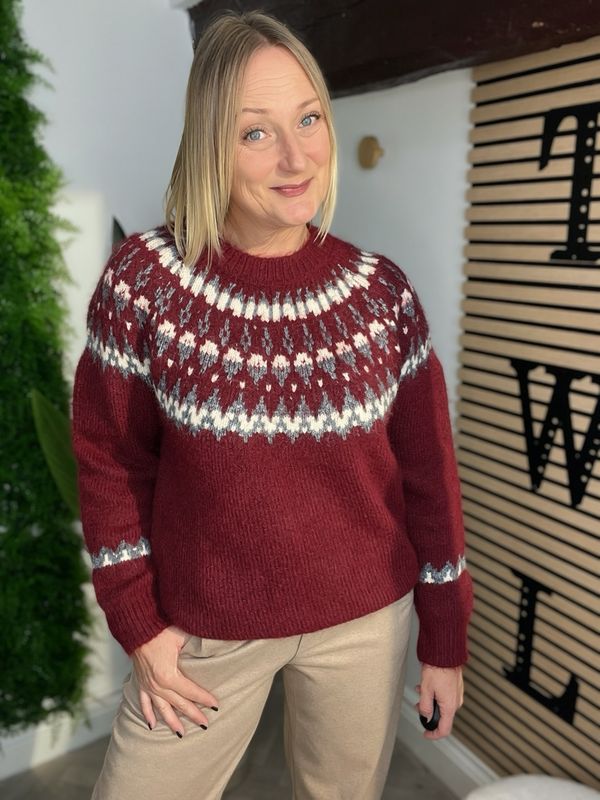 Fair Aisle Jumper - Wine, Cream & Grey