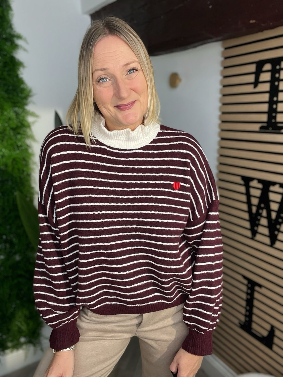 Heart & Stripe Frill Neck Jumper - Wine Heart & Stripe Frill Neck Jumper - Wine