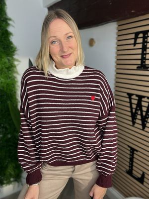 Heart & Stripe Frill Neck Jumper - Wine Heart & Stripe Frill Neck Jumper - Wine