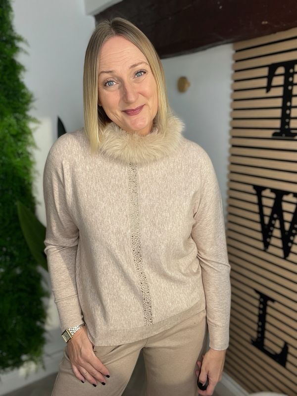 Faux fur Collar & Rhinestone Detailed Jumper - Light Camel