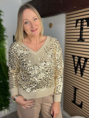 Sequin Detailed V Neck Jumper - Ecru Sequin Detailed V Neck Jumper - Ecru