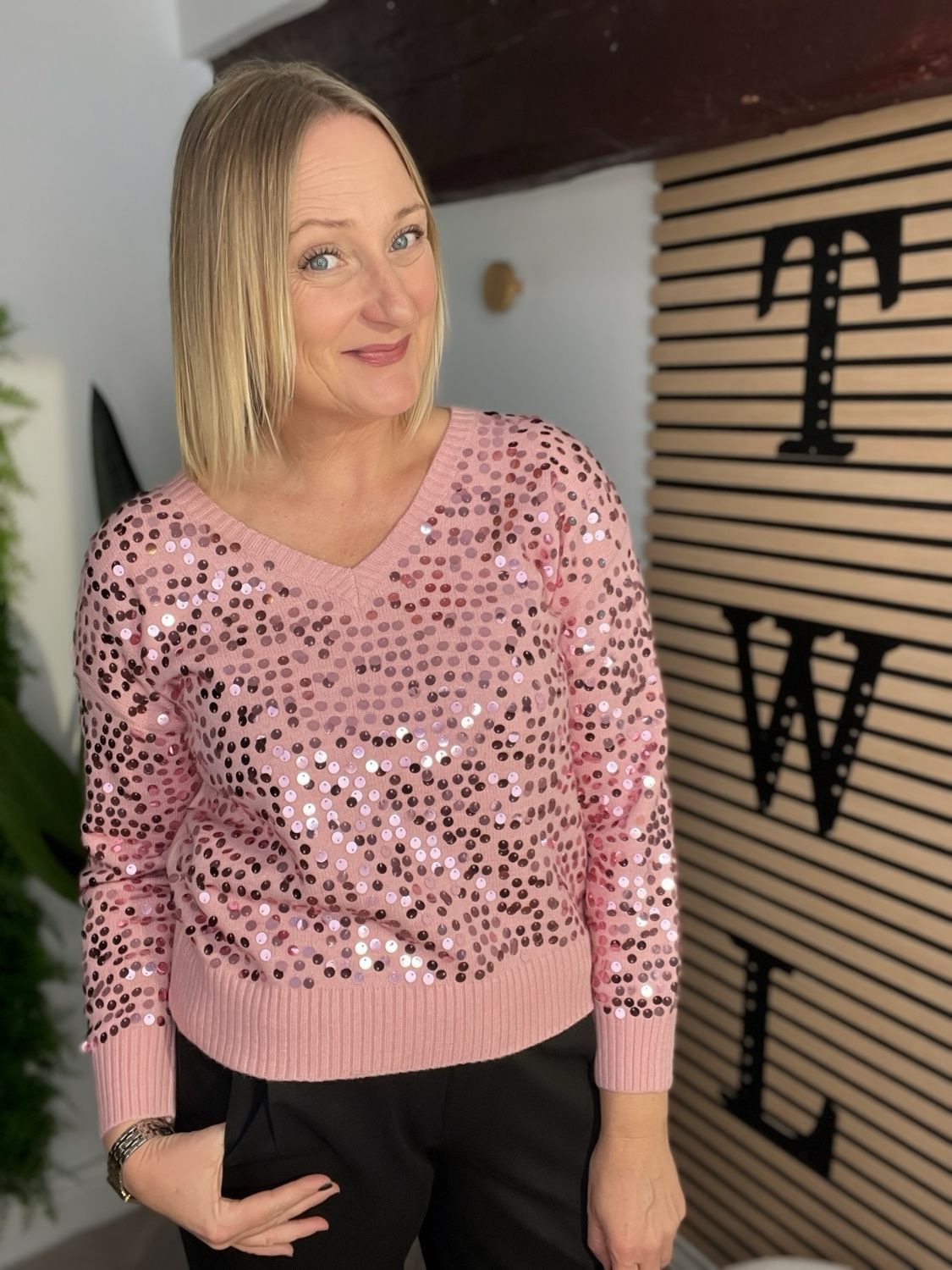 Sequin Detailed V Neck Jumper - Rose Sequin Detailed V Neck Jumper - Rose