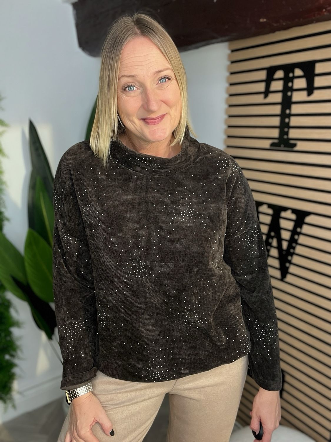 Shimmer High Neck & Drawstring Hem Top - Brown