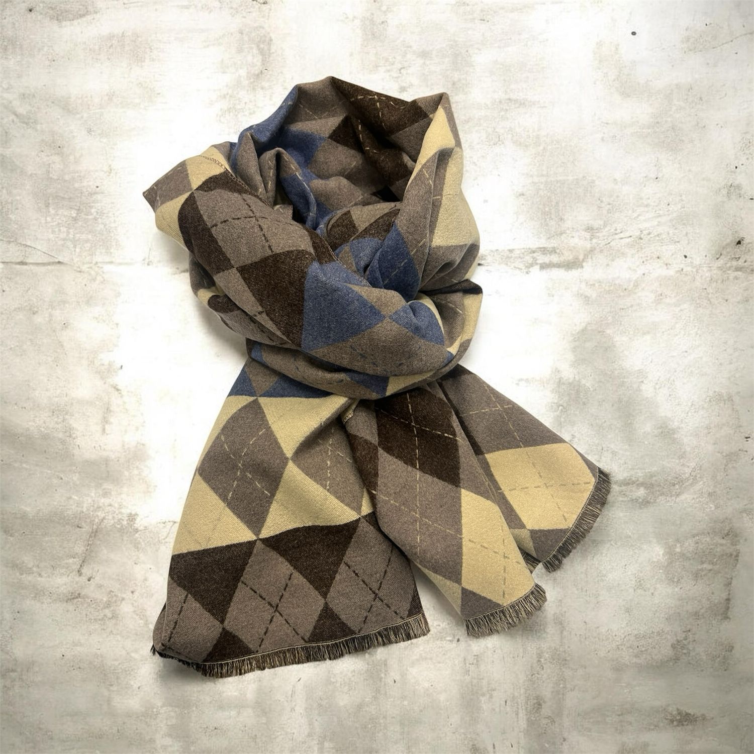 Argyle Raw Edge Detailed Scarf - Mocha, Blue, Cream & Chocolate Argyle Raw Edge Detailed Scarf - Mocha, Blue, Cream & Chocolate