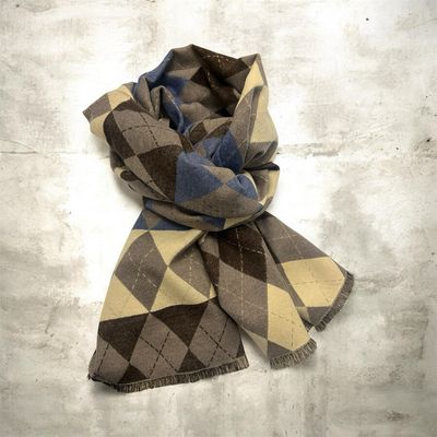 Argyle Raw Edge Detailed Scarf - Mocha, Blue, Cream & Chocolate