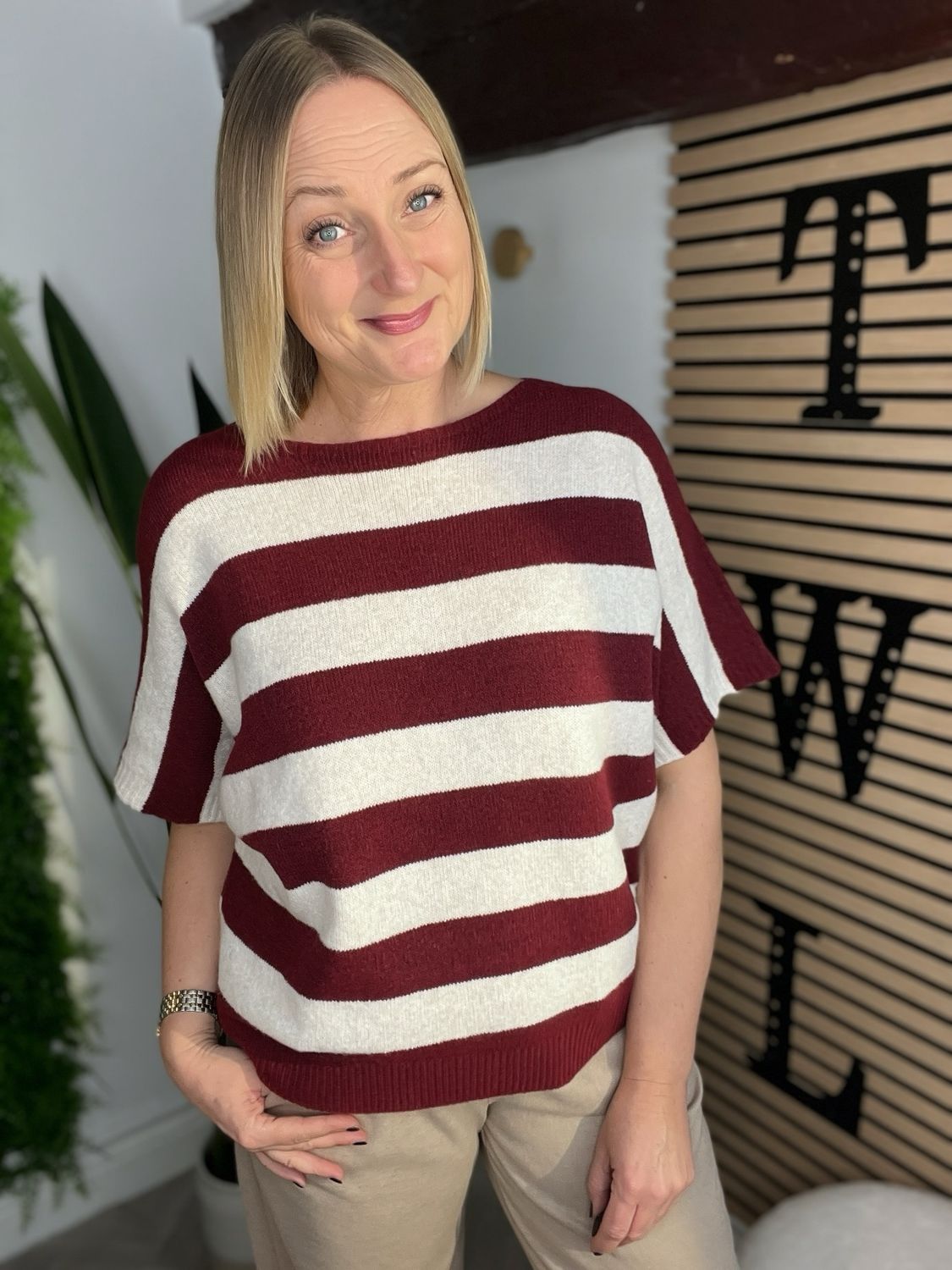 Short Sleeve Striped Knit Jumper - Merlot & Ecru