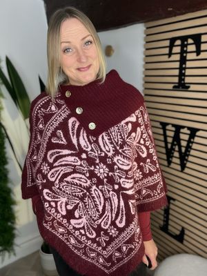 Poncho With Collar Detail - Merlot & Pink Poncho With Collar Detail - Merlot & Pink