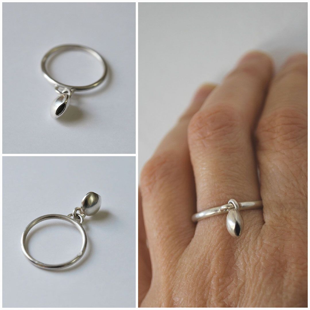 Bague en argent vue sous trois angles mettant en valeur l&#39;élément mobile, vue de face, vue arrière et la bague portée.