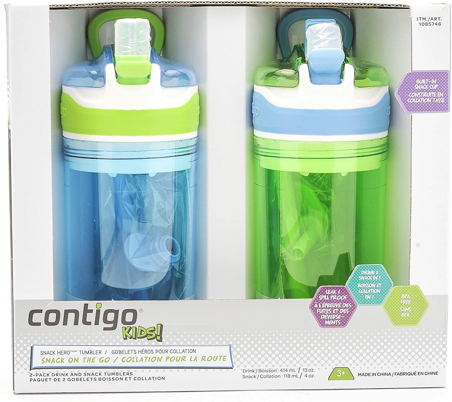 Contigo Kids 2 and 1 Snack Hero Kids Tumbler and Snack Cup- 13 oz - 2 pack  - (Purple-Green)