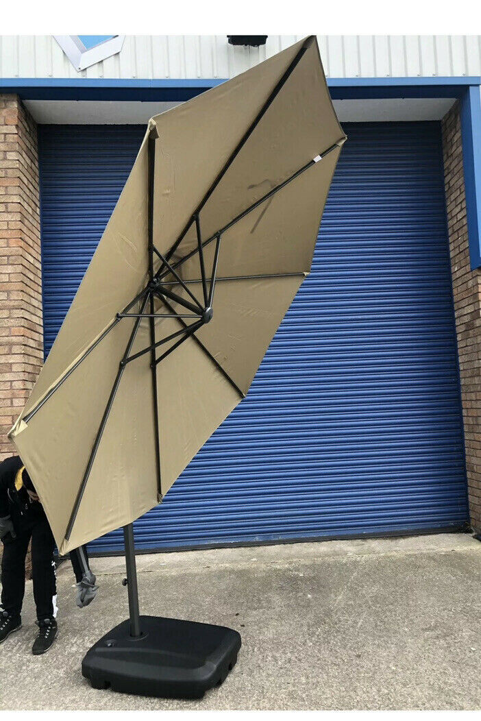 3m Outdoor Parasol Patio Solar Sun Shade Banana Cantilever Hanging with base, Colour: Khaki