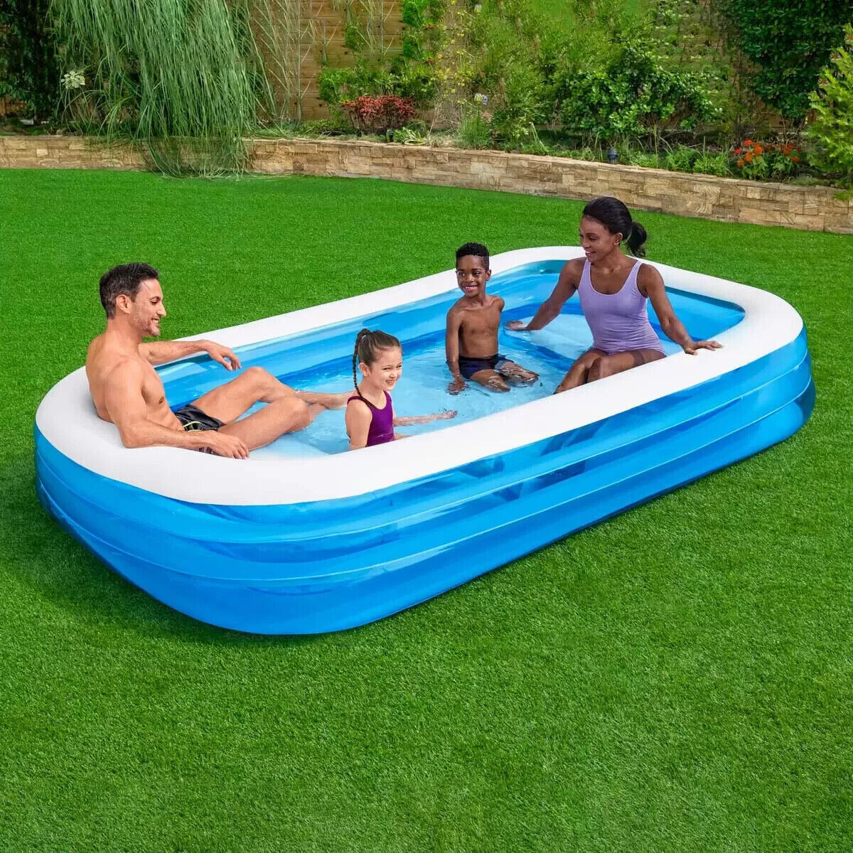 H20GO 10ft Family Fun Inflatable 3m Pool Rectangular Paddling 2 Benches- BESTWAY