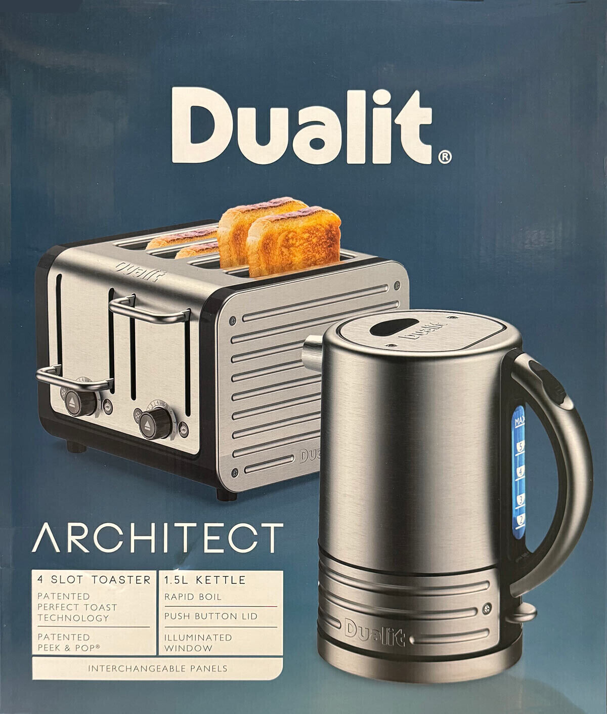 Dualit Architect 4 Slice Slot Toaster and Kettle Set Midnight Brushed Grey CJK1/2300W