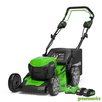 Greenworks 48V (2x24V) Self Propelled Cordless Lawnmower for Large Lawns up to 480m2, 46cm Cutting Width, 55LBag PLUS Two 4Ah Batteries and Twin Charger, GD24X2LM46SPK4X